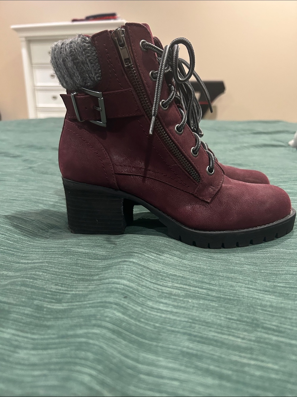 MIA Burgundy Lace-Up Block Heel Ankle Boots with Knit Collar